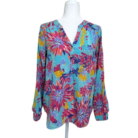 Lilly Pulitzer Womens Silk Elsa Top Trippin Sippin Long Sleeve Blouse Size M - Picture 1 of 8